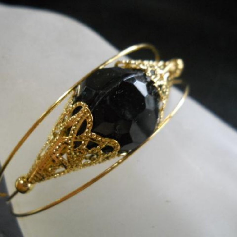 Gold Bangle Cuff Bracelet w/ Black Crystal Stone Fashion Jewelry (set of 2)